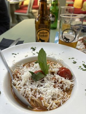 Vegan homemade pasta with vegan cheese  at Karma in Santorini