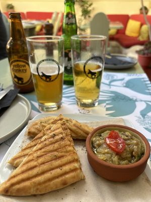 Vegan appetizer - eggplants with pita breadd  at Karma in Santorini