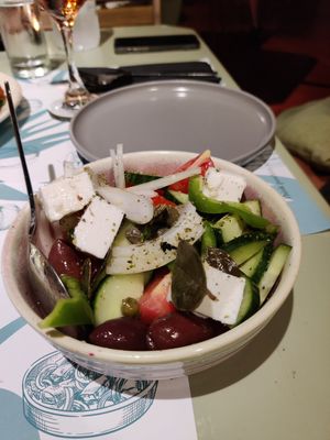 Greek salad with vegan feta at Karma in Santorini