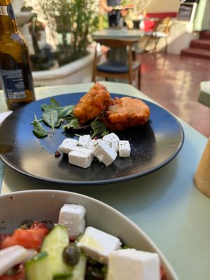 Tomatokeftedes with vegan feta  at Karma in Santorini