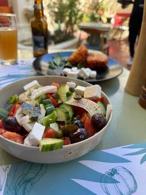 Greek salad with vegan Feta at Karma in Santorini