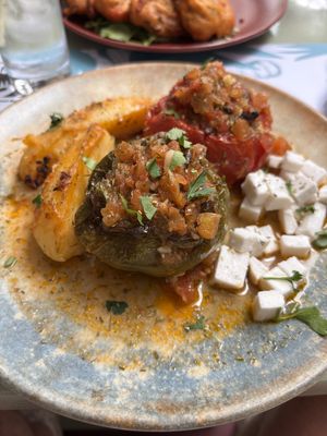 Stuffed tomato and pepper   at Karma in Santorini