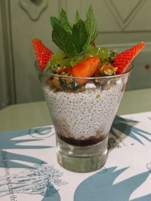 Coconut chia pudding  at Karma in Santorini
