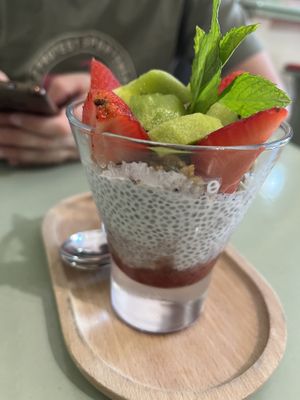 Bio coconut chia pudding  at Karma in Santorini