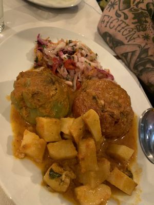 Stuffed pepper and tomato. Tasted better than it looks!  at Casiopia Greek Taverna in Corfu