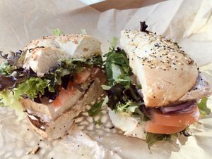 Tofu 1 everything beagle  at Influx Cafe - Little Italy in San Diego