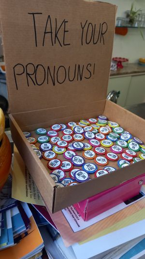 pronoun buttons at Estravagario in Bologna