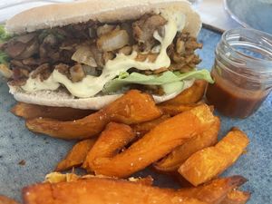 Nomade Kebab (usually vegetarian but made it vegan) and sweet potato fries   at Maison Nomade in Paris