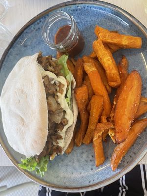 Nomade Kebab (usually vegetarian but made it vegan) and sweet potato fries   at Maison Nomade in Paris