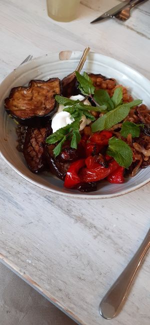 Lovely dish for lunch..lentils, chick peas and aubergines at Maison Nomade in Paris