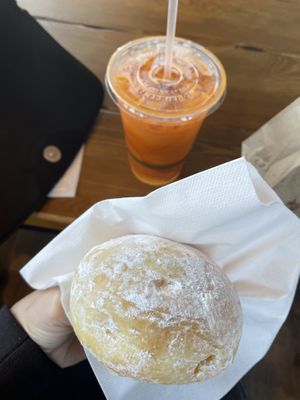 Thai iced tea and lemon filled donut   at Vegan Bistro in San Jose