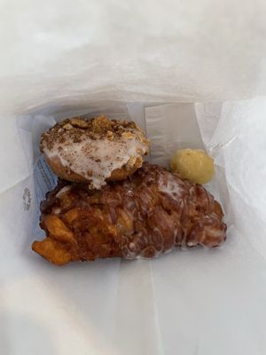 Apple fritter, cinnamon crunch donut and donut hole.  at Vegan Bistro in San Jose