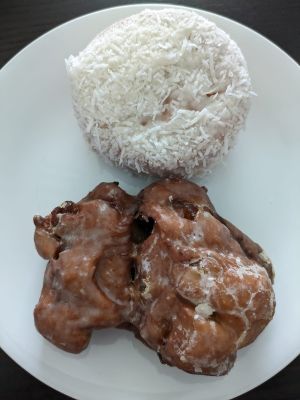 Coconut cream / Rhubarb fritter at Donut Monster in Hamilton