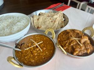 Mushroom masala and Tharka dal with plain roti to share. Very flavorful!  at Priya in Greymouth