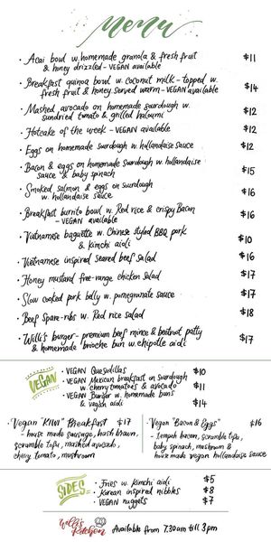 Basic menu but they also have specials and cabinet food at Willi's Kitchen in Wellington