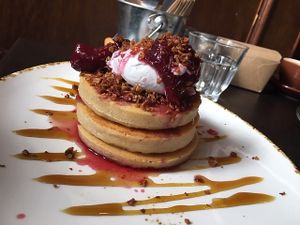 vegan hotcakes with black doris plum crumble topping at Willi's Kitchen in Wellington