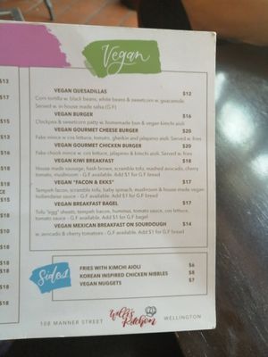 Vegan menu at Willi's Kitchen in Wellington