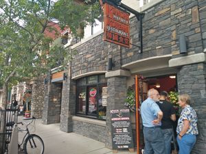 view from outside (people waiting in a queue) at Kimchi House in Jasper