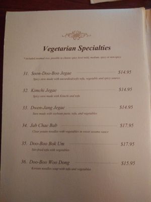 vegetarian menu but no vegan labelled at Kimchi House in Jasper