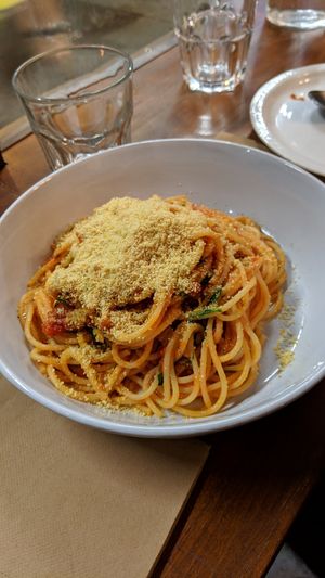 Red pasta at Pino's in Islington