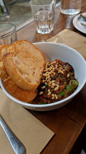 Brusketta with eggplant spread (cold) at Pino's in Islington