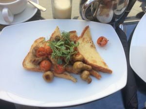 Lovely sweet mushrooms on vegan French toast. at The Yard in Oakham