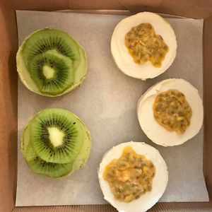 Matcha Lime Cheesecake (Left side) and Lemon Passionfruit Cheesecake (Right side). at Seed of Happiness in Nicosia