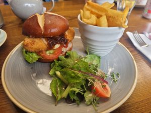 Quorn Buttermilk Burger in a Pretzel Bun at Fron Goch Garden Centre in Caernarfon