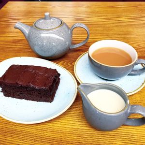 Tea and chocolate cake at Fron Goch Garden Centre in Caernarfon