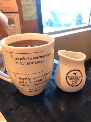 Strong cup of coffee and plant based creamer, a great start
 at Breakfast Republic - North Park in San Diego
