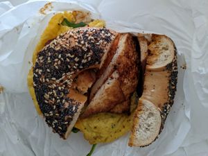 Yashi sandwich with marinated tofu and veggies, added vegan egg at Willow's Bagels in Burlington