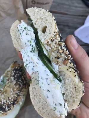 Everything bagel with vegan scallion chive cream cheese and cucumbers  at Willow's Bagels in Burlington