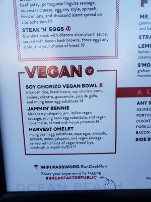 Vegan menu at Breakfast Republic - Ocean Beach in San Diego