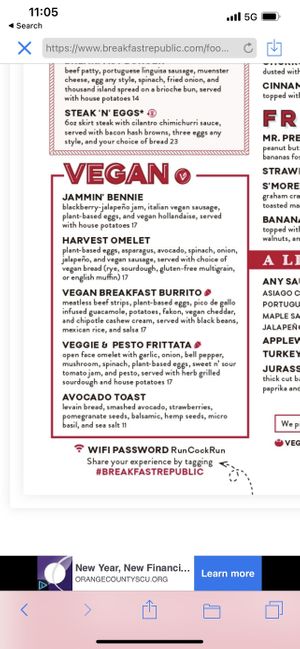 Vegan menu options #Veganuary at Breakfast Republic - East Village in San Diego