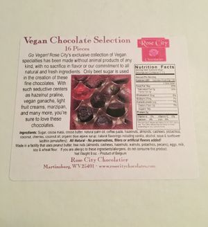 Vegan Easter Selection - 16 Pieces. Back of the box. at Rose City Chocolatier in Martinsburg