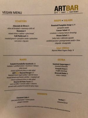 Menu at ArtBar in Cambridge