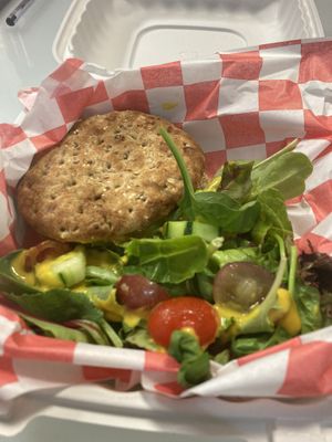 Vegan burger w salad   at Beyond Vegan Cell Food in Portsmouth