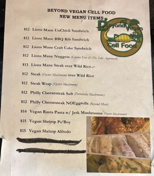 This is not a good first impression (ripped and stained paper) but the items sounded yummyy  at Beyond Vegan Cell Food in Portsmouth