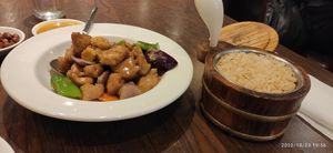 Kung po Chicken with brown rice at Zen Buddha in North West London
