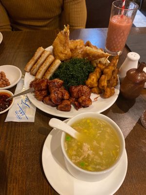 The sharer starter as well as the sweet corn and fake chicken soup  at Zen Buddha in North West London