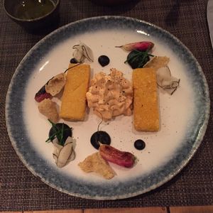 incredibly delicious smoked vegan cheese with radishes and smooth yet crispy chick pea fritters  at Vanilla Black in London