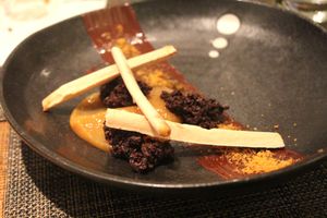  peanut butter cheesecake withcracked cocoa bean and caramelised banana purée at Vanilla Black in London