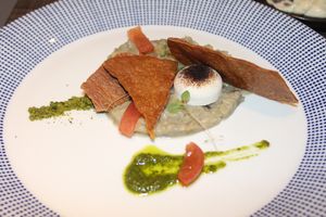  smoked Aubergine, flatbread and green Harissa -vegan starter at Vanilla Black in London
