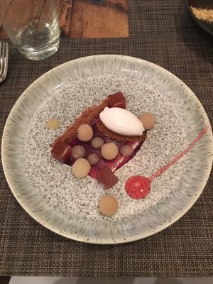 Poached Pear, Marzipan Sorbet and Blackcurrant
Spiced Bread, Pear Cheese and Elderflower at Vanilla Black in London