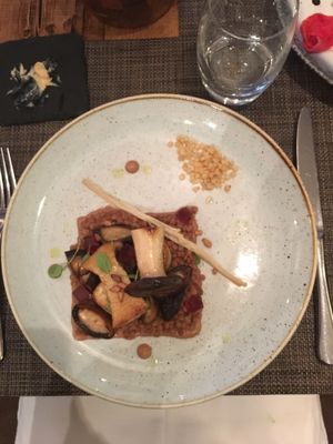 Fried Shiitake, Pine Nut Purée and Crispy Cous Cous
Marsala, Lemongrass Pickled Enoki and Pine Salt
(it's SO GOOD)
 at Vanilla Black in London