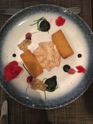 Vegan version of: Smoked "Egg", Black Sesame and Fried Gram Flour
Peppercorn Crisp and Radish
 at Vanilla Black in London