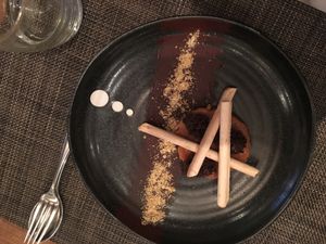 Sweetcorn Parfait, Miso Butterscotch and Peanut Butter Cookie
Peanuts and Sweetcorn Polenta at Vanilla Black in London