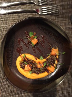 Squash and crispy lentils at Vanilla Black in London