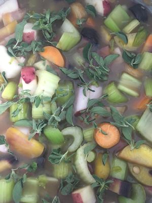 Lentil soup with potatoes, celery, carrots, garlic, and fresh sage.  at The Peaceful Palate in Eugene