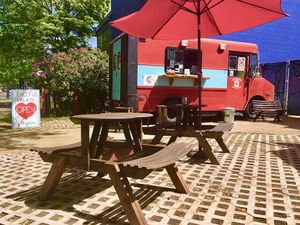 New patio furniture made from upcycled bourbon barrels. at The Peaceful Palate in Eugene